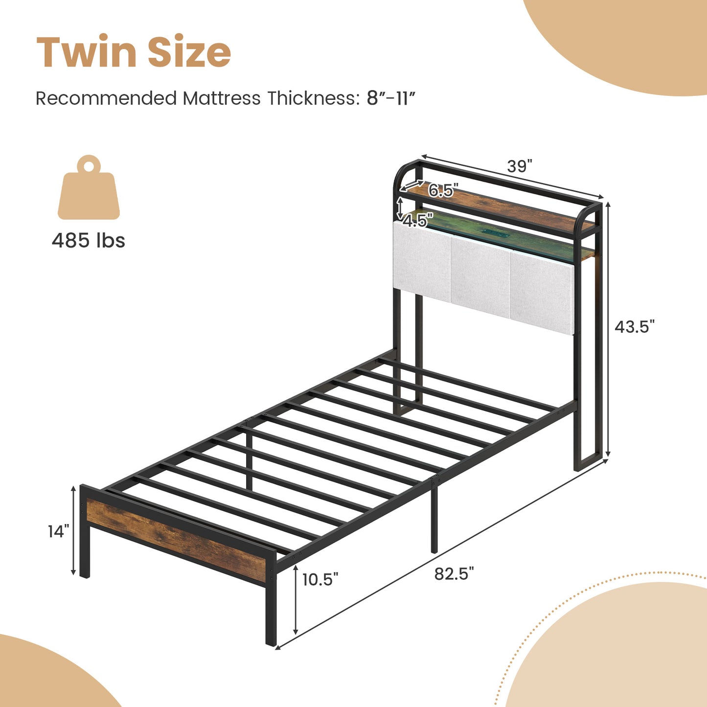 Twin/Full/Queen/King Size Bed Frame with LED Light and Charging Station-Twin Size Kids Crystal