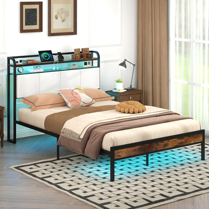 Twin/Full/Queen/King Size Bed Frame with LED Light and Charging Station-Full Size
