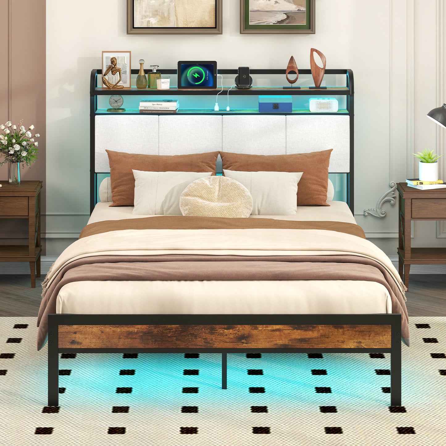 Twin/Full/Queen/King Size Bed Frame with LED Light and Charging Station-Full Size Kids Crystal