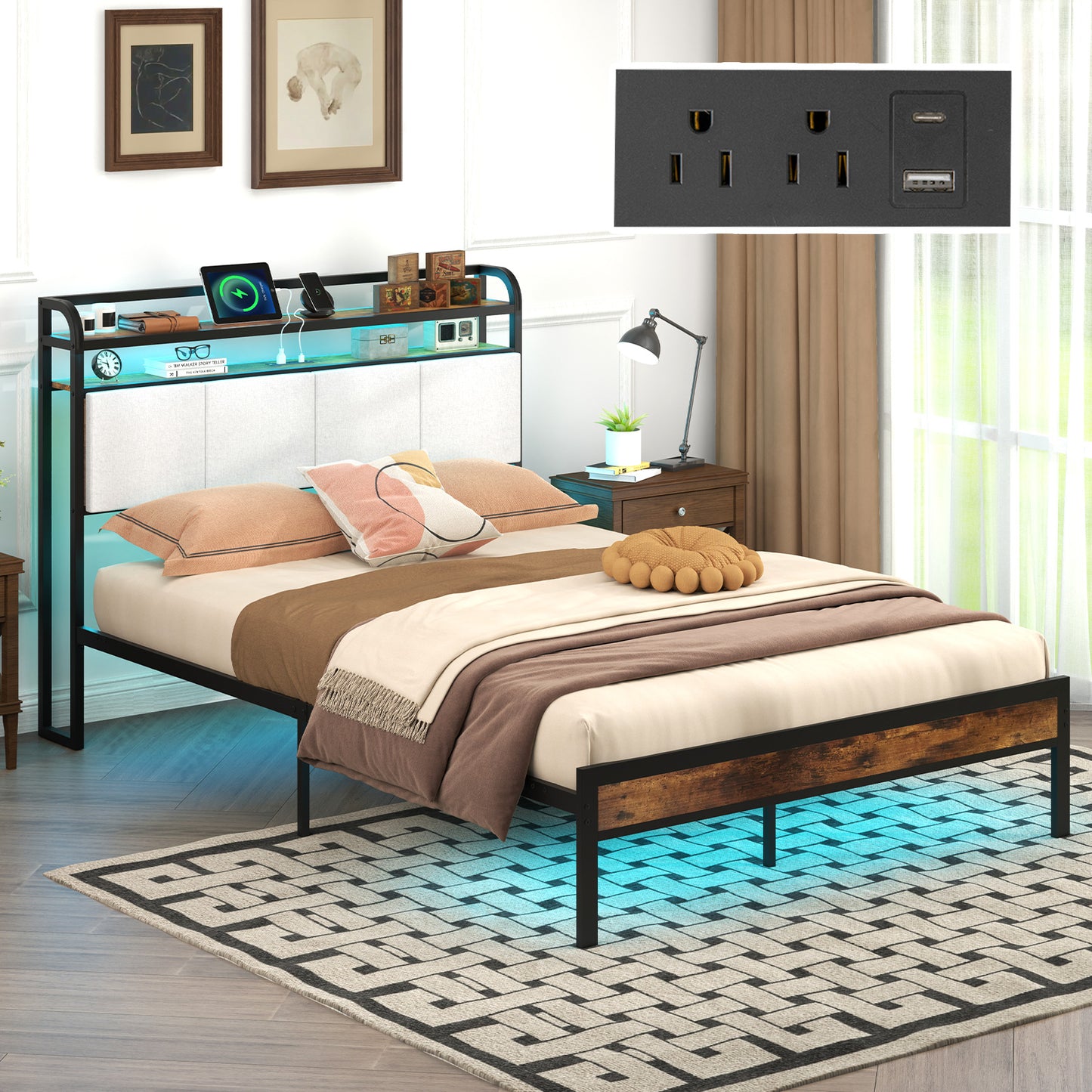 Twin/Full/Queen/King Size Bed Frame with LED Light and Charging Station-Full Size Kids Crystal