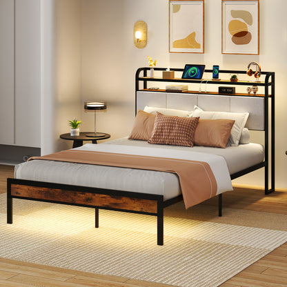 Twin/Full/Queen/King Size Bed Frame with LED Light and Charging Station-Full Size