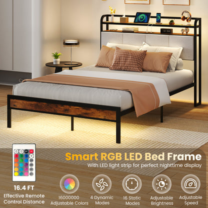 Twin/Full/Queen/King Size Bed Frame with LED Light and Charging Station-Full Size