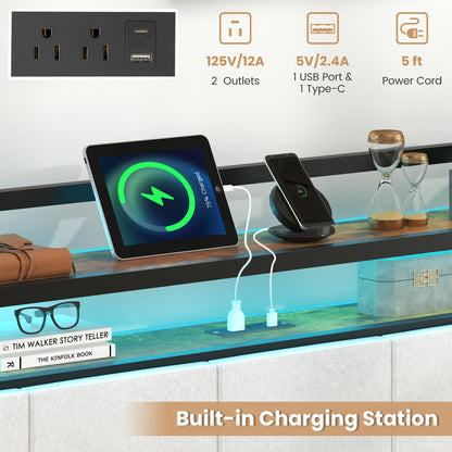 Twin/Full/Queen/King Size Bed Frame with LED Light and Charging Station-Full Size