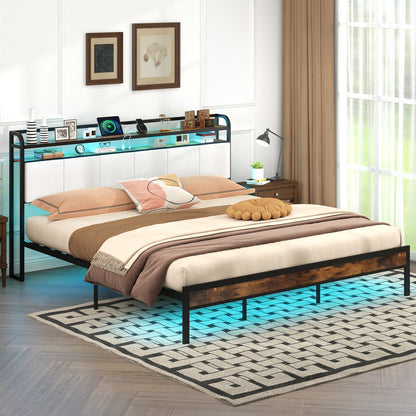 Twin/Full/Queen/King Size Bed Frame with LED Light and Charging Station-King Size