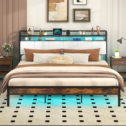 Twin/Full/Queen/King Size Bed Frame with LED Light and Charging Station-King Size