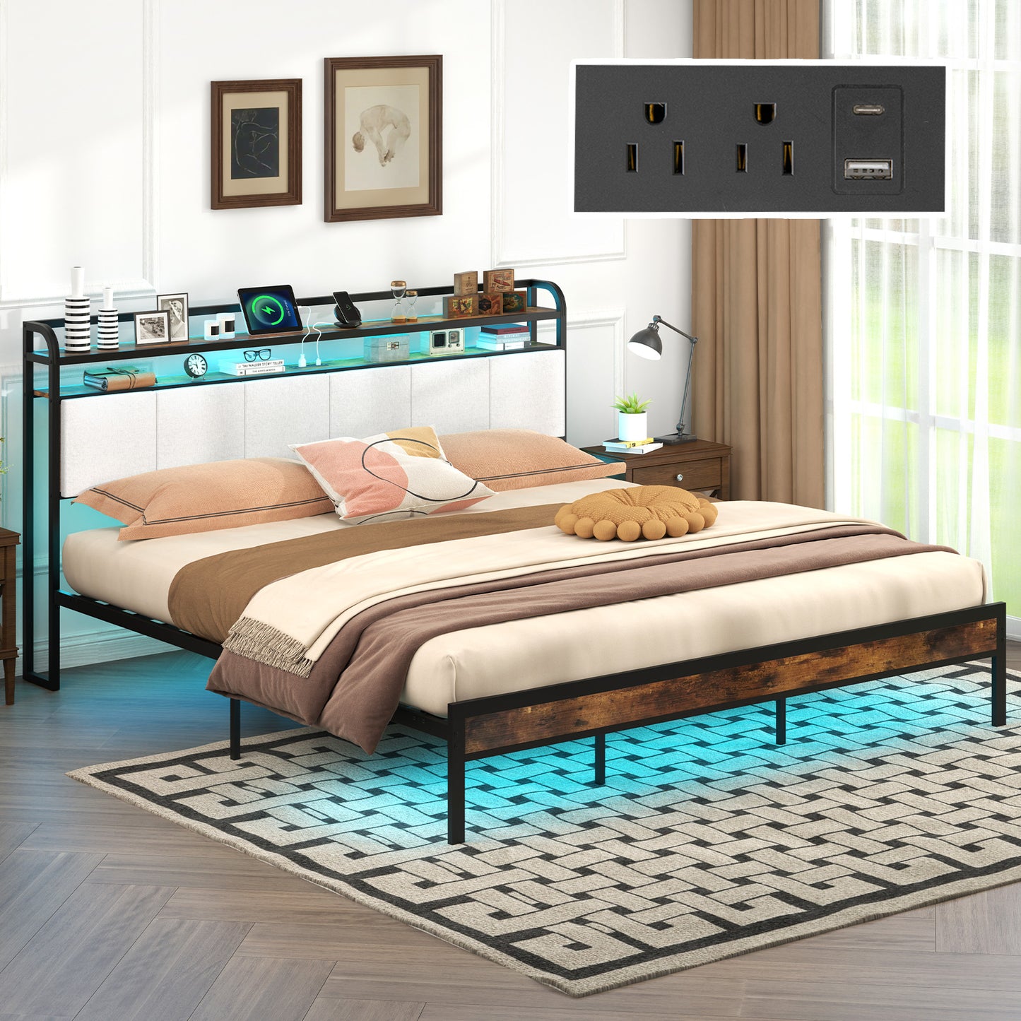 Twin/Full/Queen/King Size Bed Frame with LED Light and Charging Station-King Size Kids Crystal