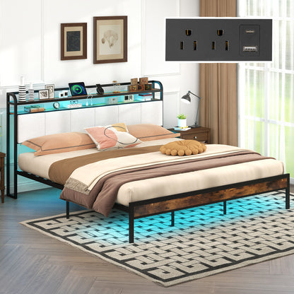 Twin/Full/Queen/King Size Bed Frame with LED Light and Charging Station-King Size