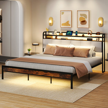 Twin/Full/Queen/King Size Bed Frame with LED Light and Charging Station-King Size