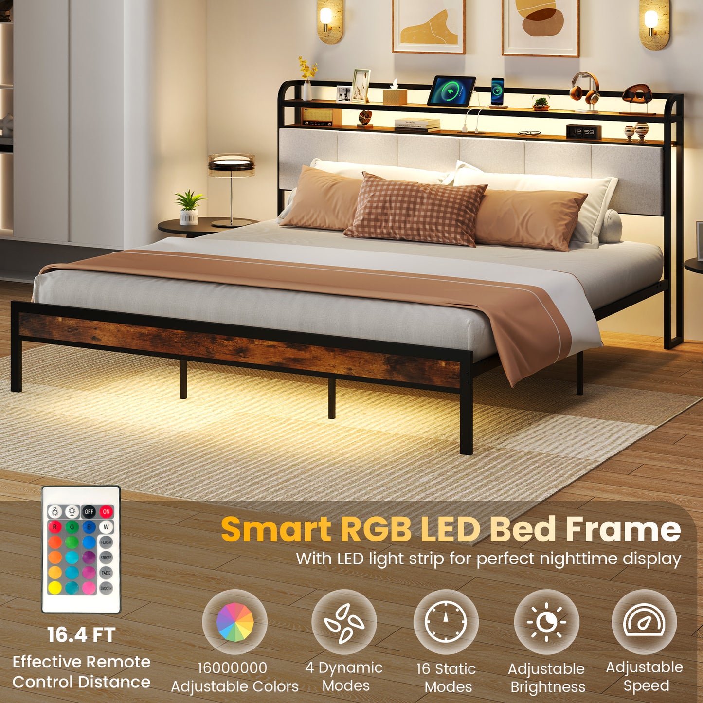Twin/Full/Queen/King Size Bed Frame with LED Light and Charging Station-King Size Kids Crystal