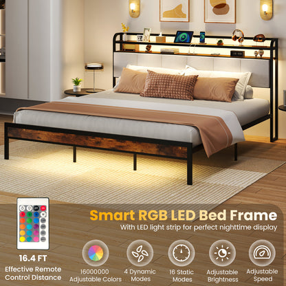 Twin/Full/Queen/King Size Bed Frame with LED Light and Charging Station-King Size