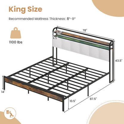 Twin/Full/Queen/King Size Bed Frame with LED Light and Charging Station-King Size