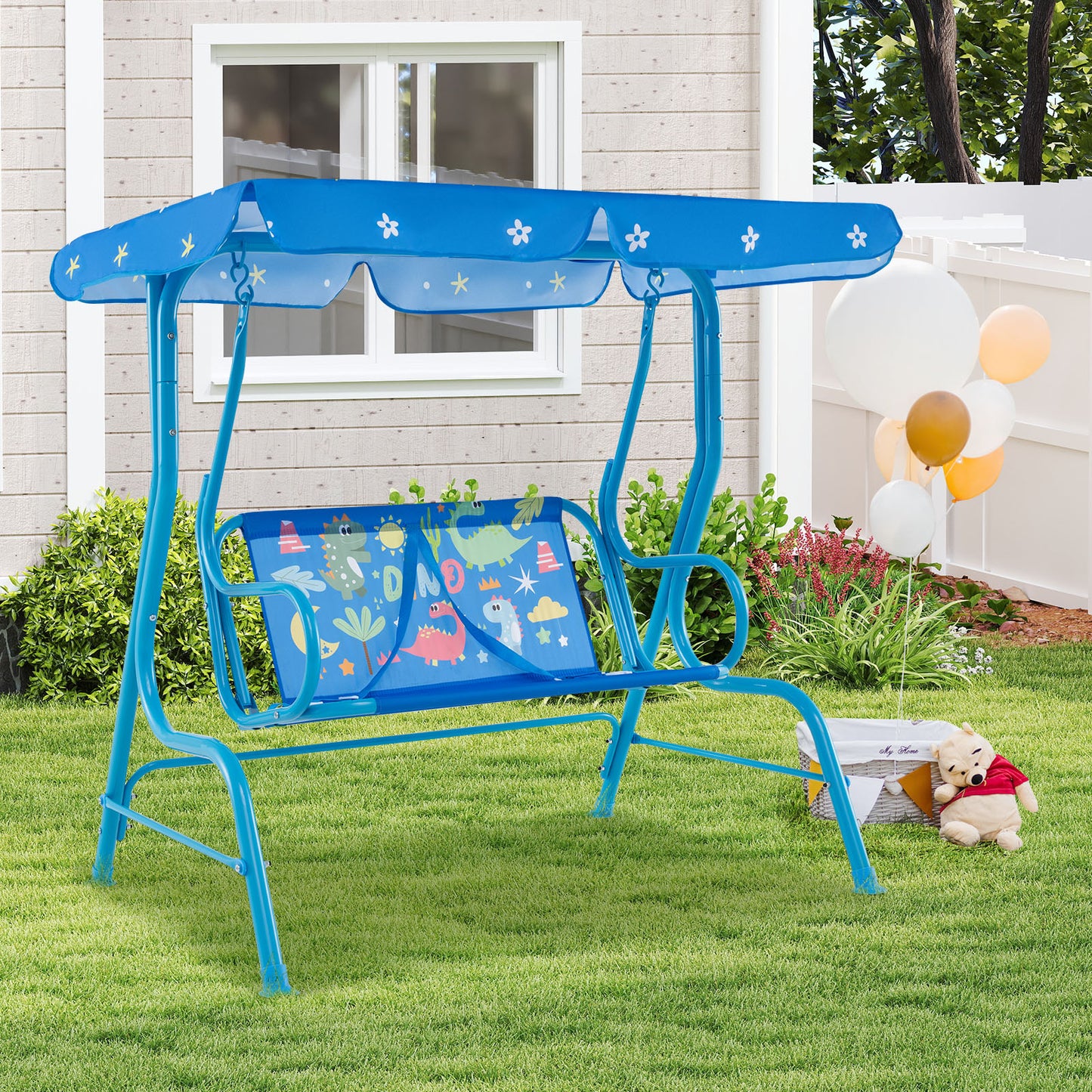 2-Seater Kids Patio Swing with Metal Stand and Adjustable Canopy-Bule Kids Crystal