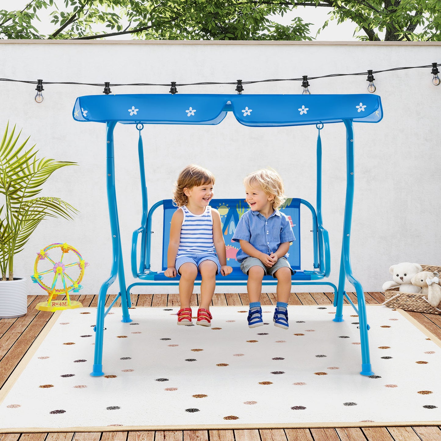 2-Seater Kids Patio Swing with Metal Stand and Adjustable Canopy-Bule Kids Crystal