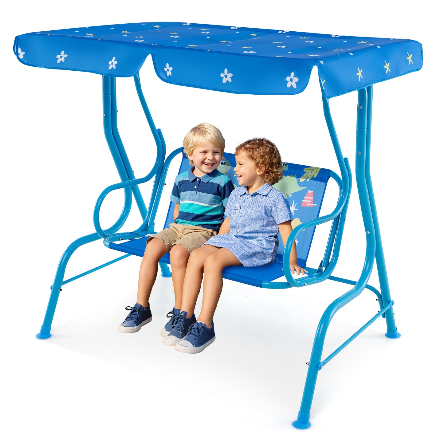 2-Seater Kids Patio Swing with Metal Stand and Adjustable Canopy-Bule Kids Crystal