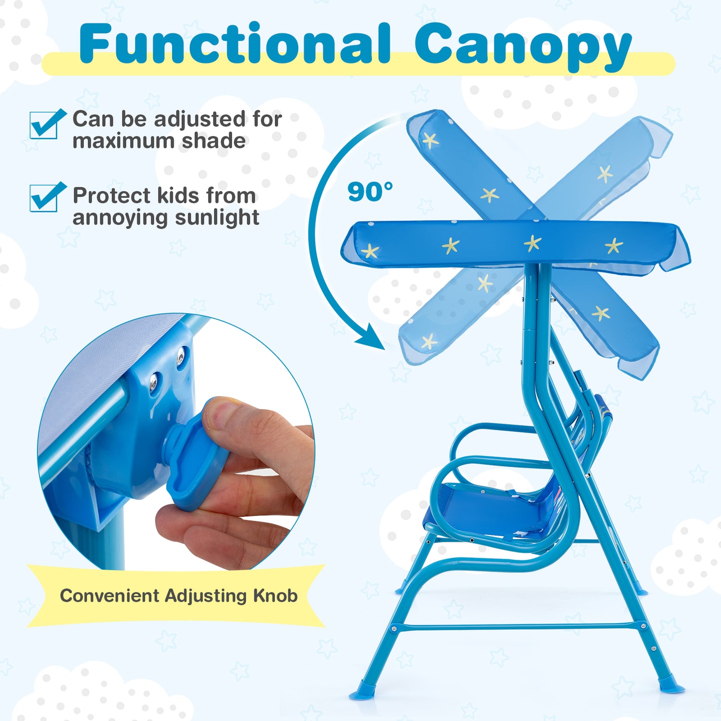 2-Seater Kids Patio Swing with Metal Stand and Adjustable Canopy-Bule Kids Crystal