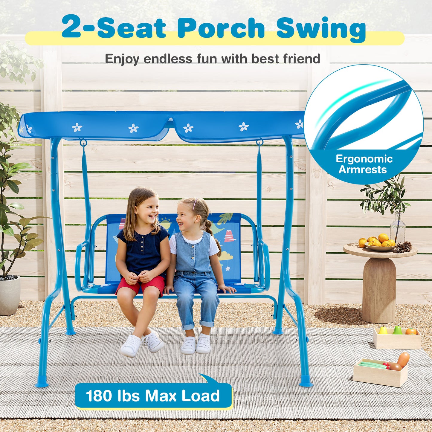 2-Seater Kids Patio Swing with Metal Stand and Adjustable Canopy-Bule Kids Crystal