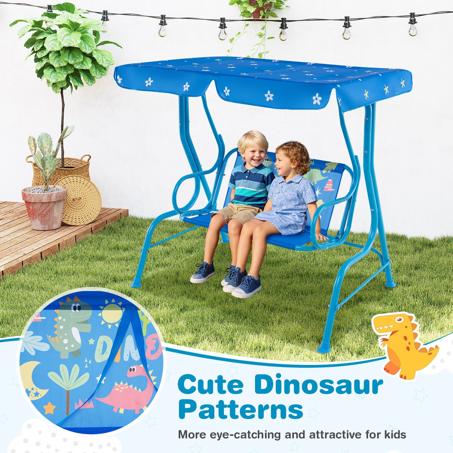 2-Seater Kids Patio Swing with Metal Stand and Adjustable Canopy-Bule Kids Crystal
