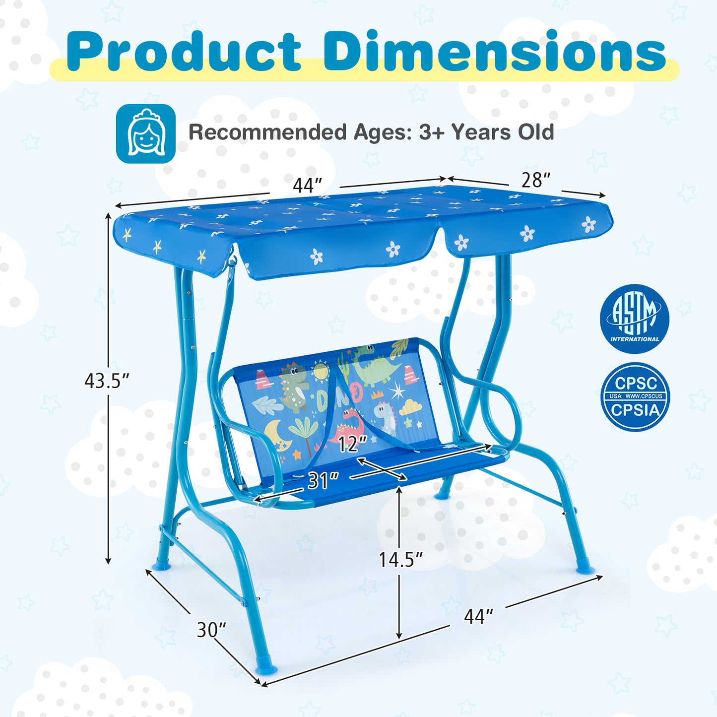 2-Seater Kids Patio Swing with Metal Stand and Adjustable Canopy-Bule Kids Crystal