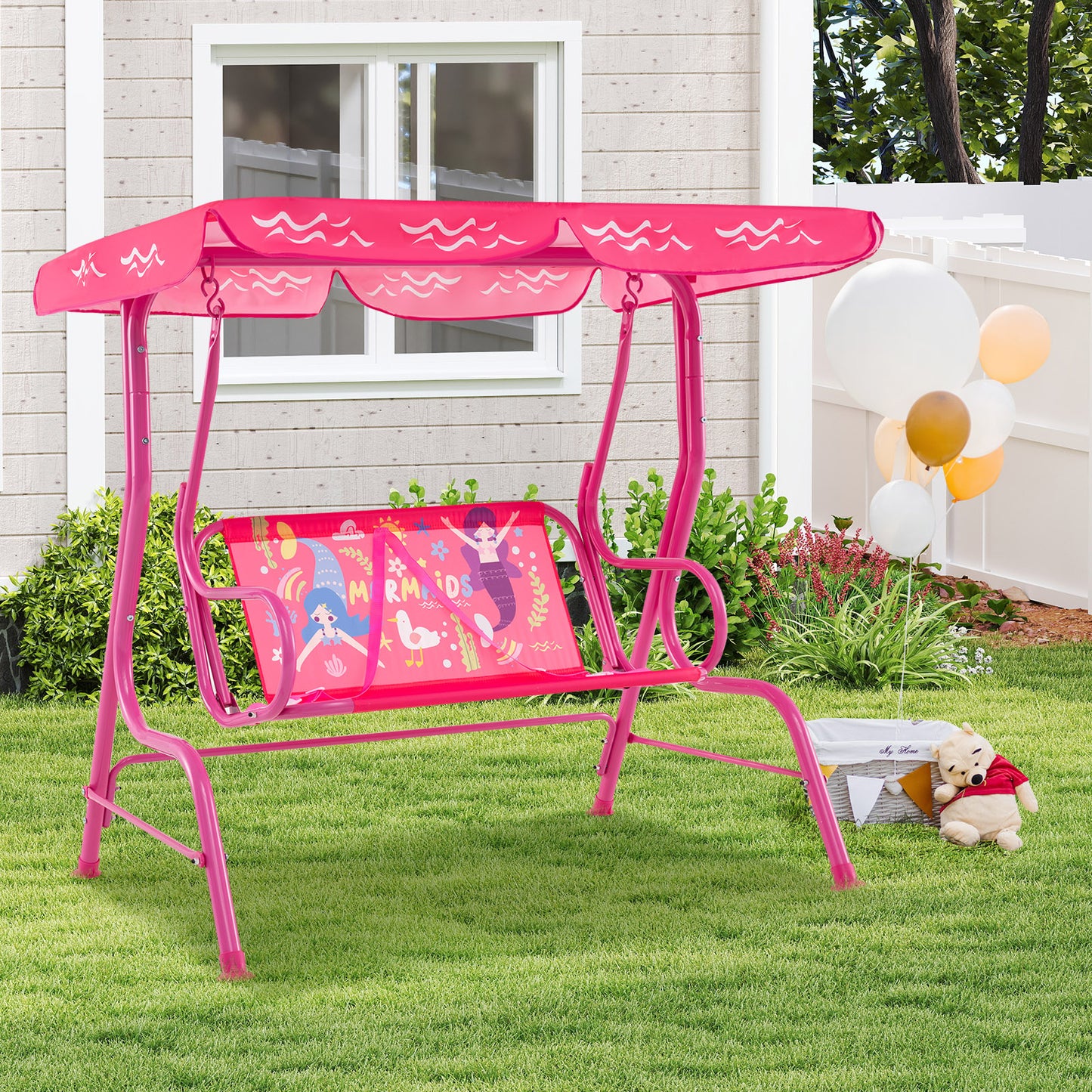 2-Seater Kids Patio Swing with Metal Stand and Adjustable Canopy-Pink Kids Crystal
