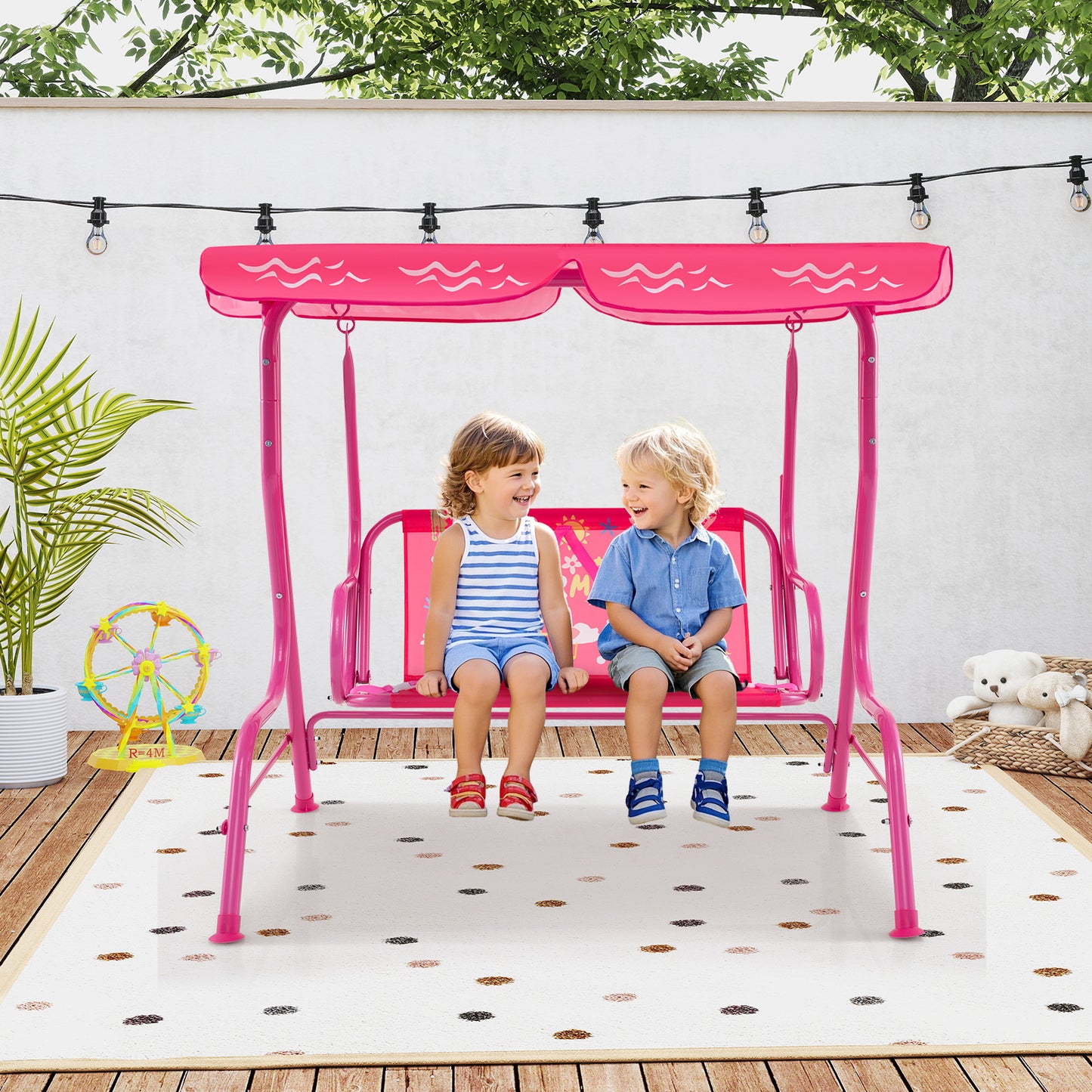2-Seater Kids Patio Swing with Metal Stand and Adjustable Canopy-Pink Kids Crystal
