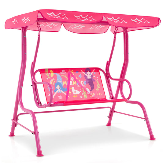 2-Seater Kids Patio Swing with Metal Stand and Adjustable Canopy-Pink Kids Crystal