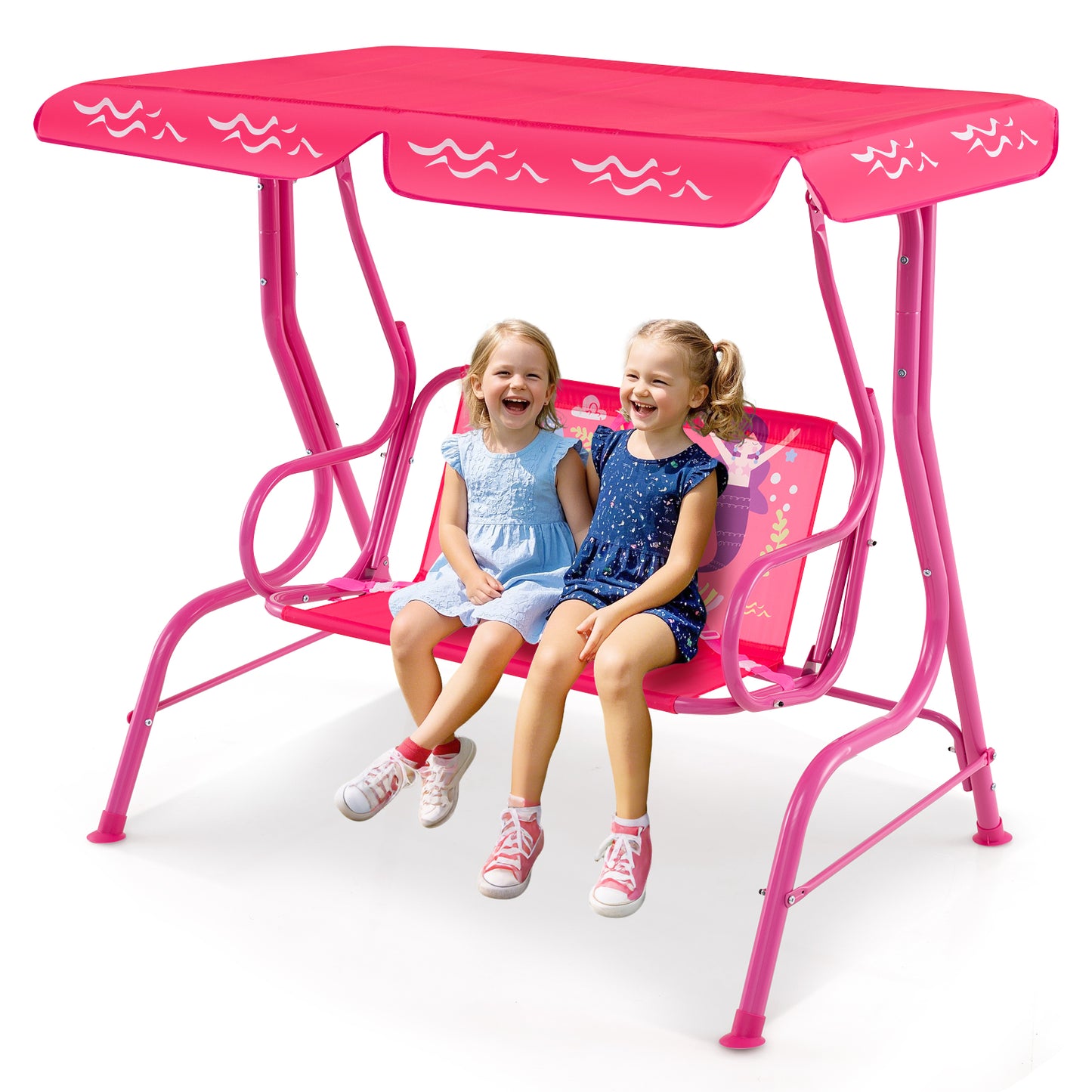 2-Seater Kids Patio Swing with Metal Stand and Adjustable Canopy-Pink Kids Crystal