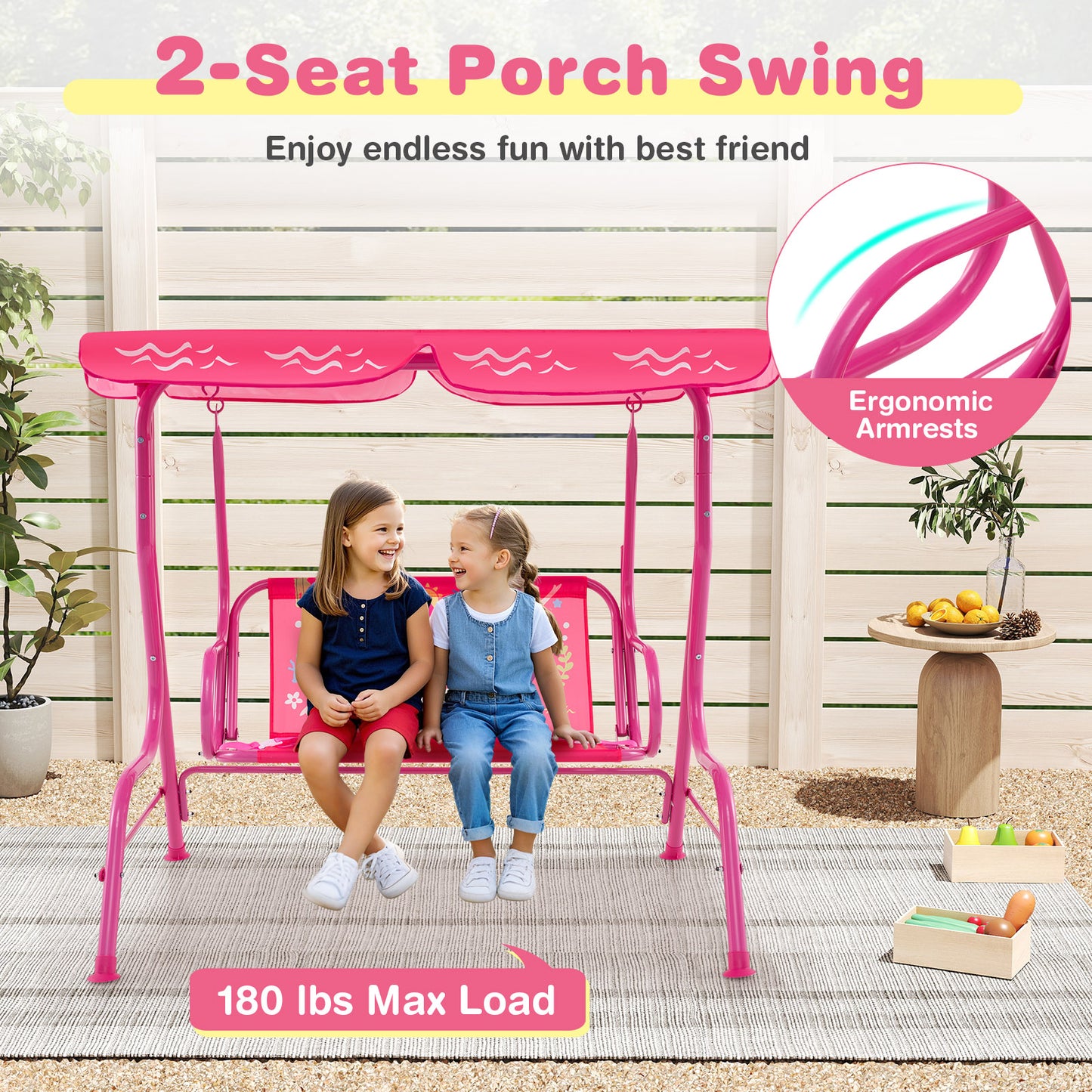 2-Seater Kids Patio Swing with Metal Stand and Adjustable Canopy-Pink Kids Crystal