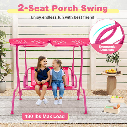2-Seater Kids Patio Swing with Metal Stand and Adjustable Canopy-Pink