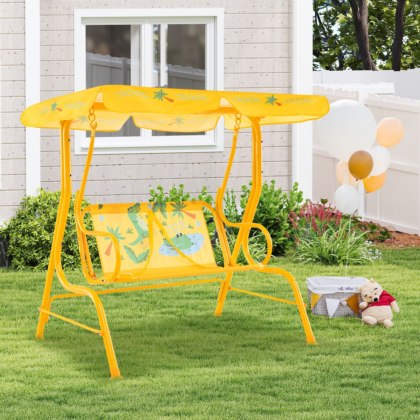 2-Seater Kids Patio Swing with Metal Stand and Adjustable Canopy-Yellow Kids Crystal