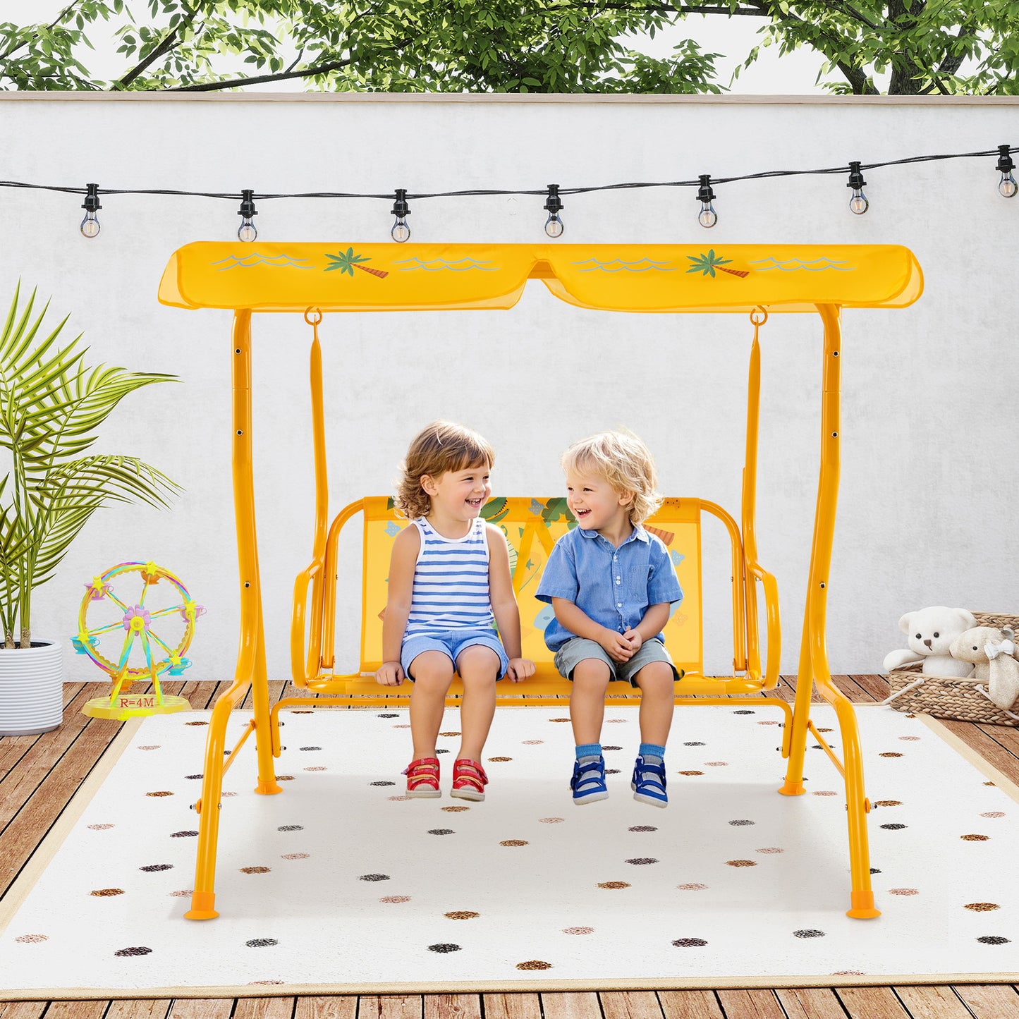 2-Seater Kids Patio Swing with Metal Stand and Adjustable Canopy-Yellow Kids Crystal