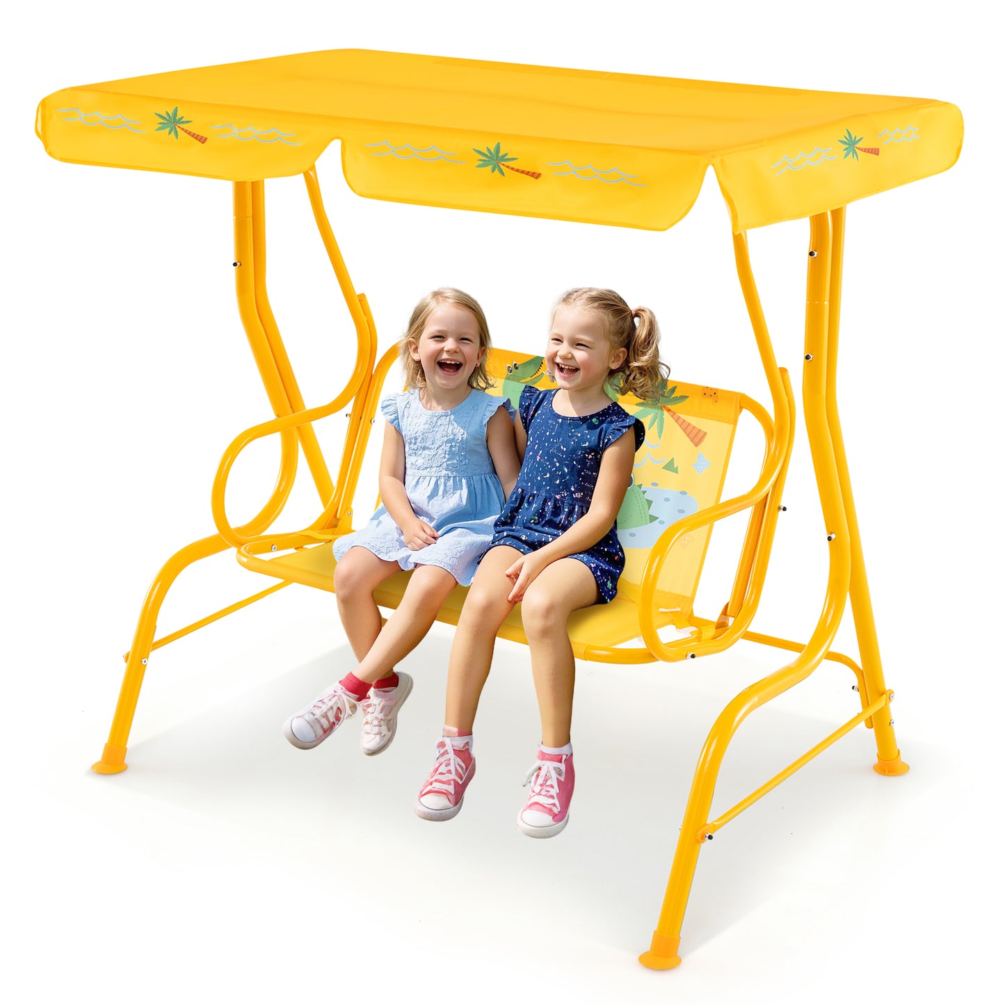 2-Seater Kids Patio Swing with Metal Stand and Adjustable Canopy-Yellow Kids Crystal