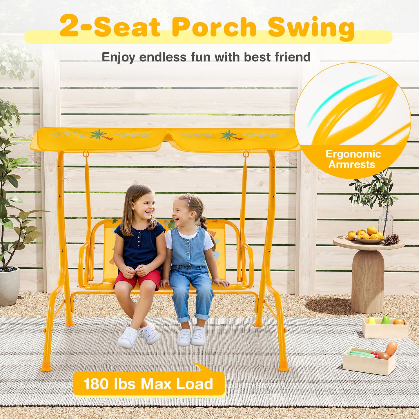 2-Seater Kids Patio Swing with Metal Stand and Adjustable Canopy-Yellow Kids Crystal