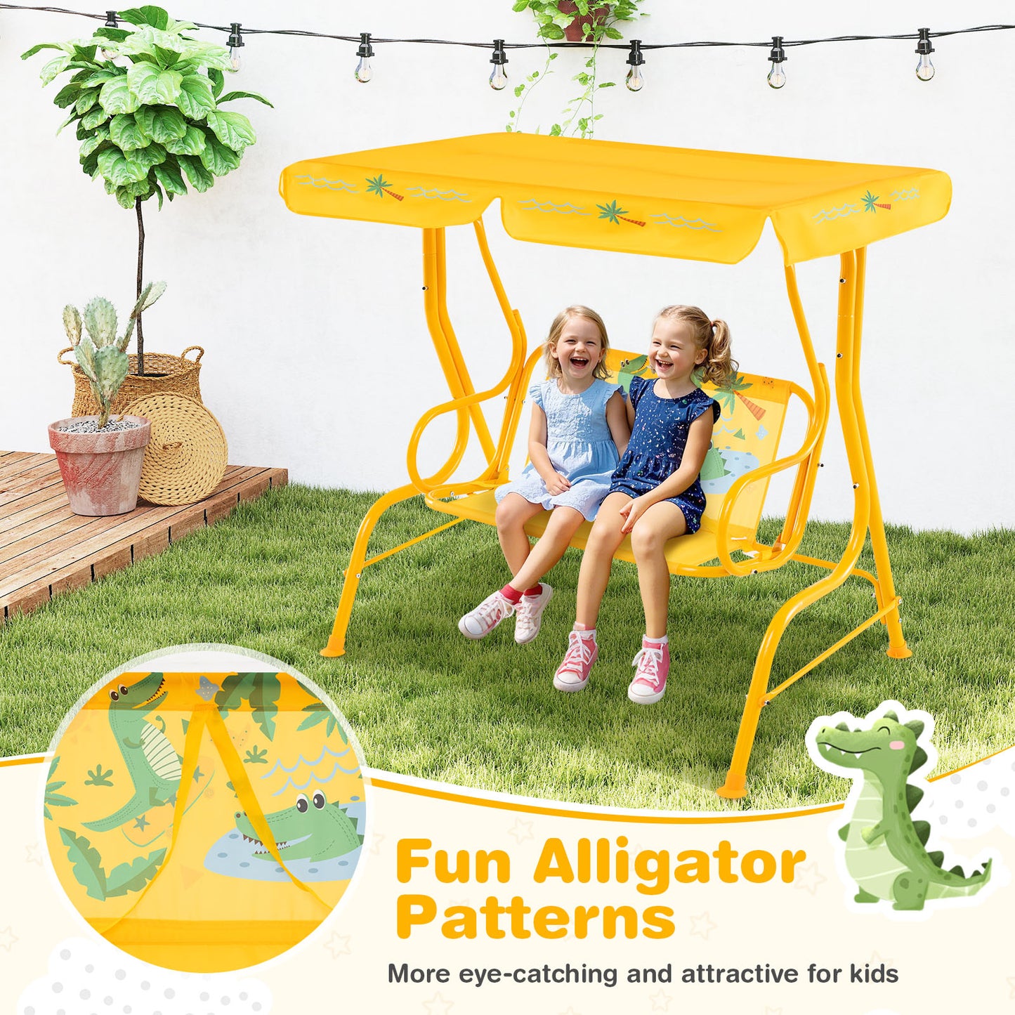 2-Seater Kids Patio Swing with Metal Stand and Adjustable Canopy-Yellow Kids Crystal