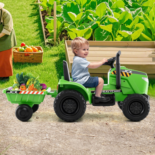 12V 2-in-1 Kids Ride On Tractor with Trailer and 3-Gear Shift-Green