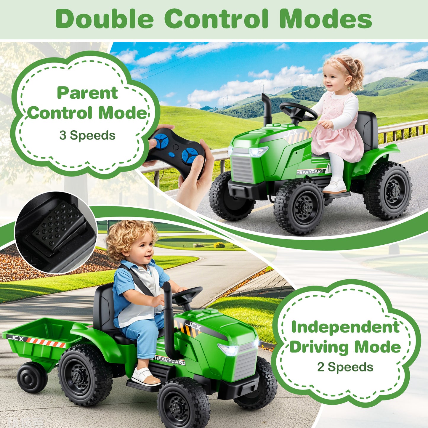 12V 2-in-1 Kids Ride On Tractor with Trailer and 3-Gear Shift-Green