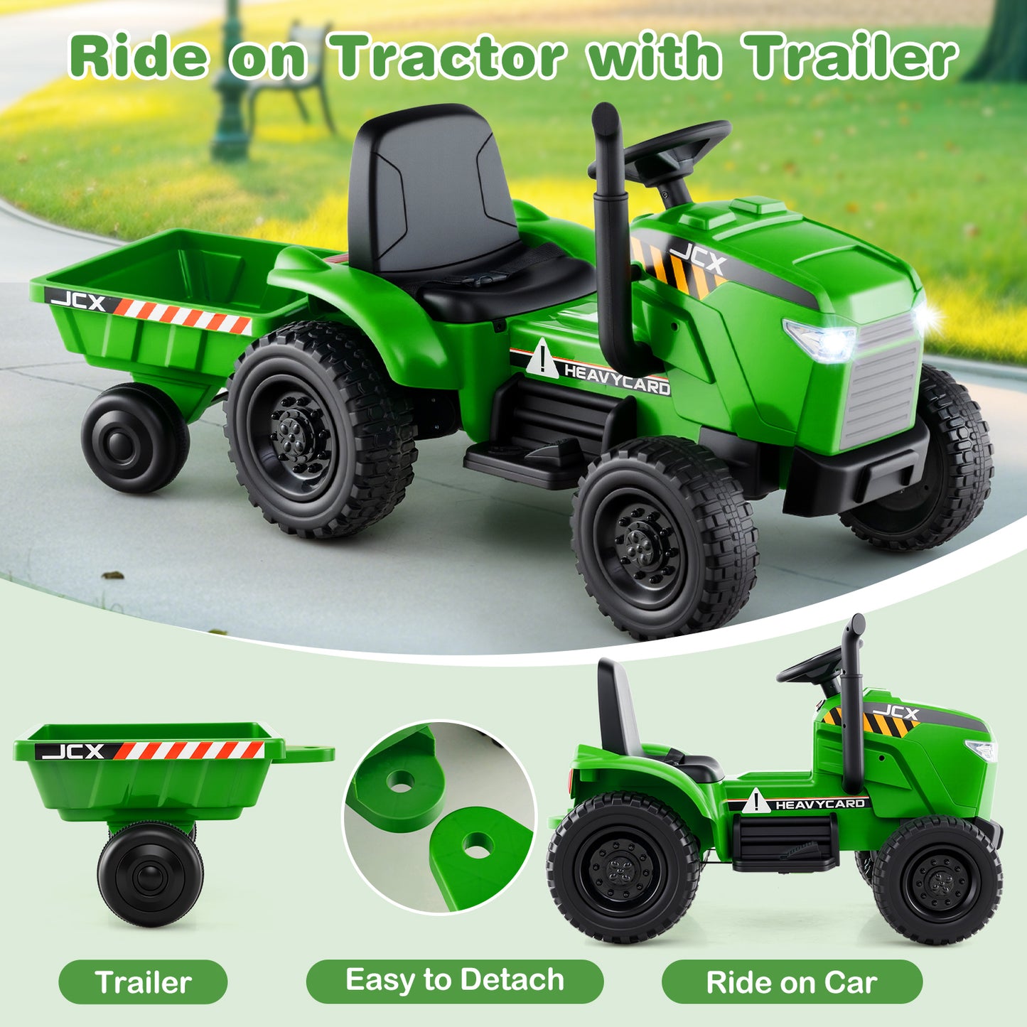 12V 2-in-1 Kids Ride On Tractor with Trailer and 3-Gear Shift-Green