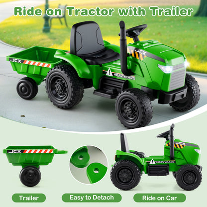 12V 2-in-1 Kids Ride On Tractor with Trailer and 3-Gear Shift-Green