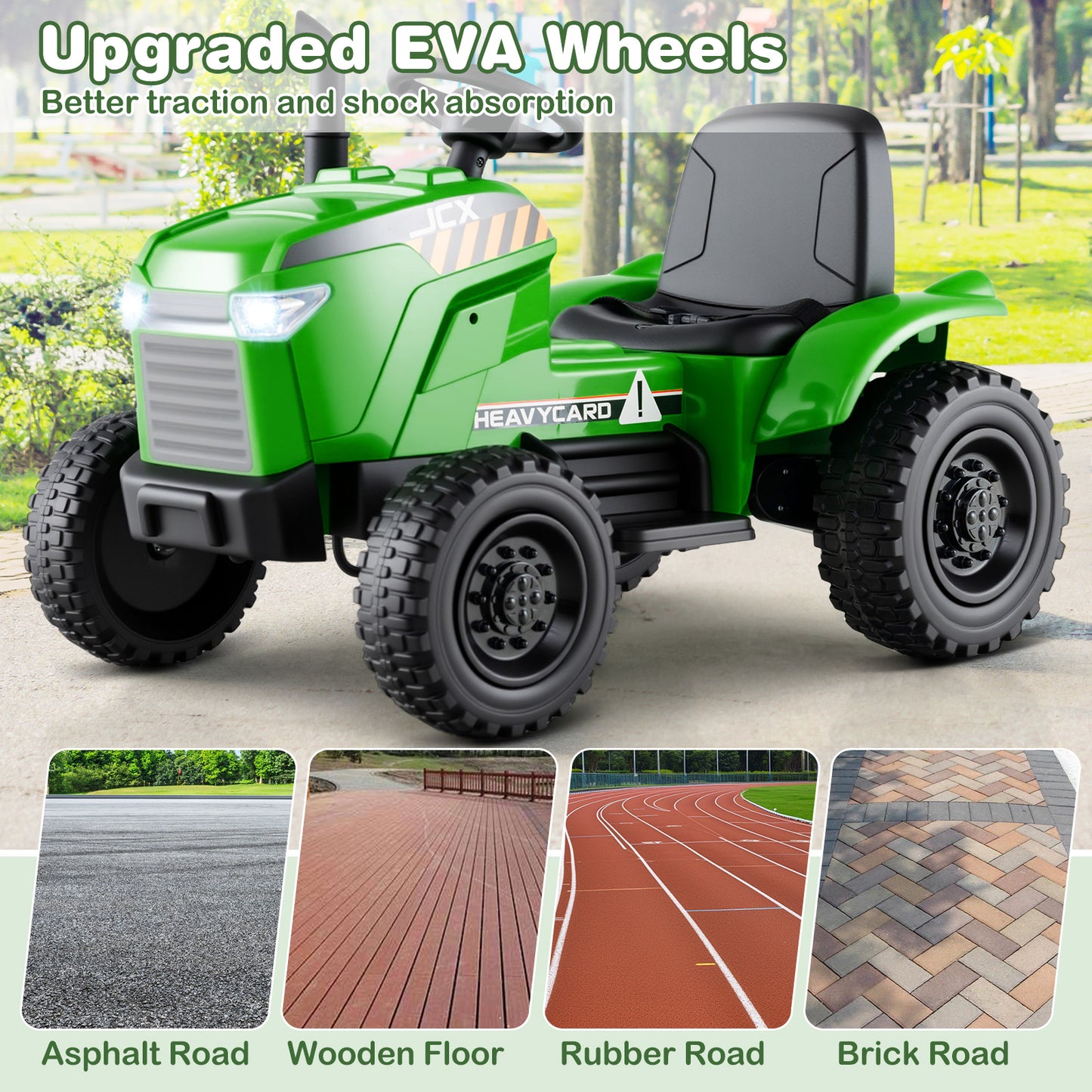 12V 2-in-1 Kids Ride On Tractor with Trailer and 3-Gear Shift-Green