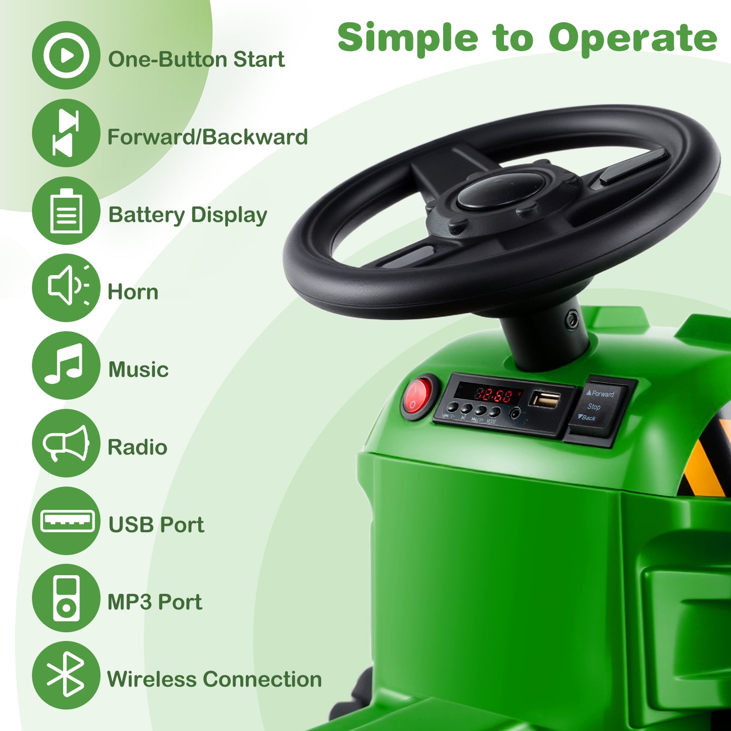 12V 2-in-1 Kids Ride On Tractor with Trailer and 3-Gear Shift-Green