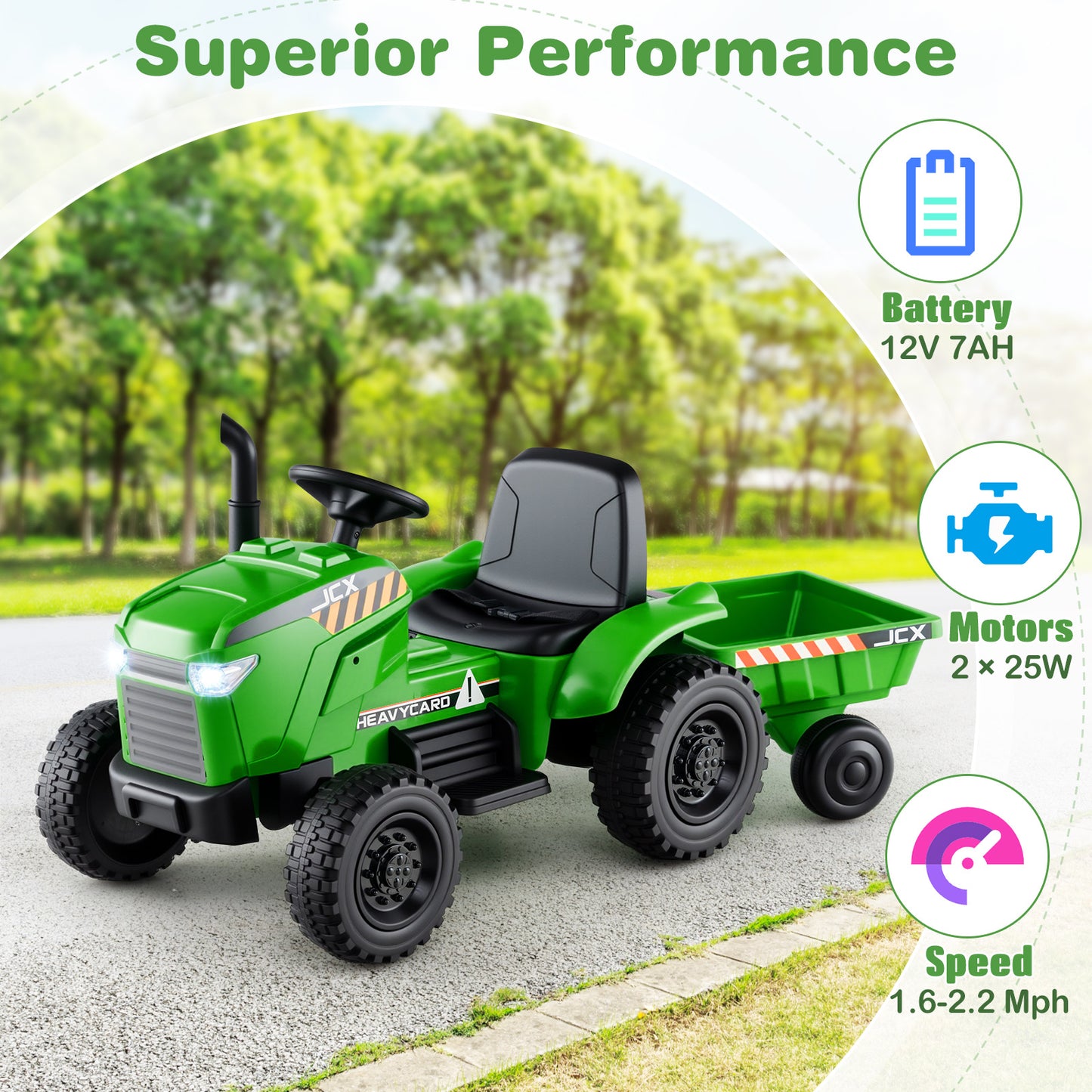 12V 2-in-1 Kids Ride On Tractor with Trailer and 3-Gear Shift-Green