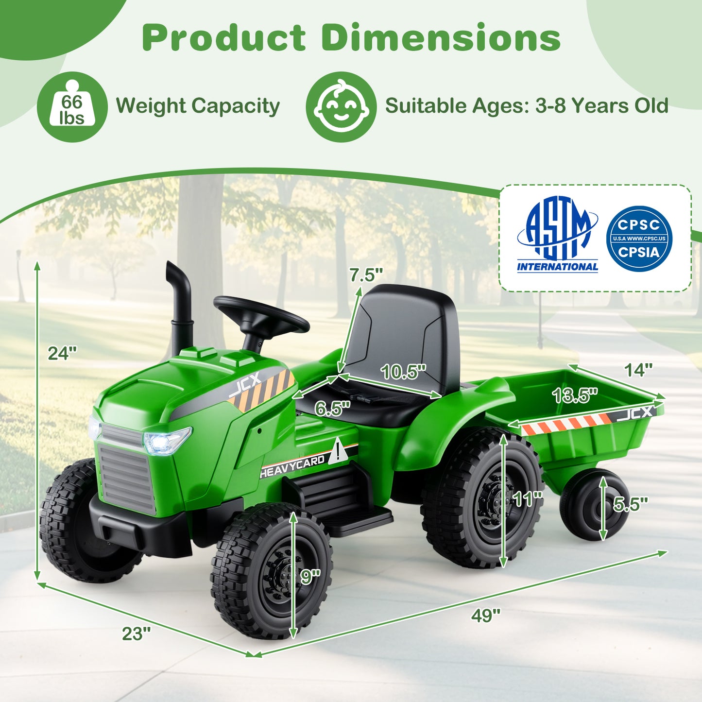12V 2-in-1 Kids Ride On Tractor with Trailer and 3-Gear Shift-Green