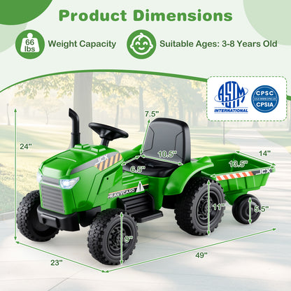 12V 2-in-1 Kids Ride On Tractor with Trailer and 3-Gear Shift-Green