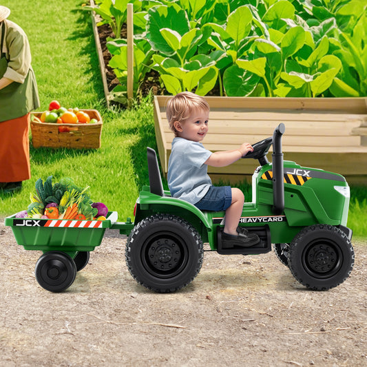 12V 2-in-1 Kids Ride On Tractor with Trailer and 3-Gear Shift-Grayish Green