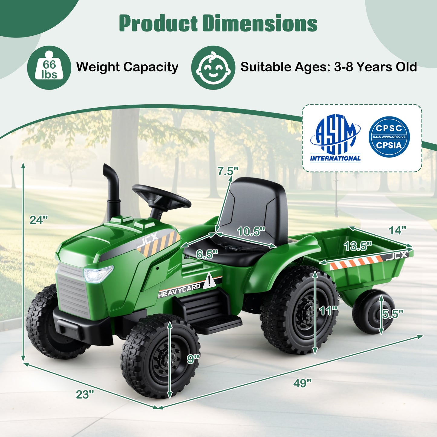 12V 2-in-1 Kids Ride On Tractor with Trailer and 3-Gear Shift-Grayish Green