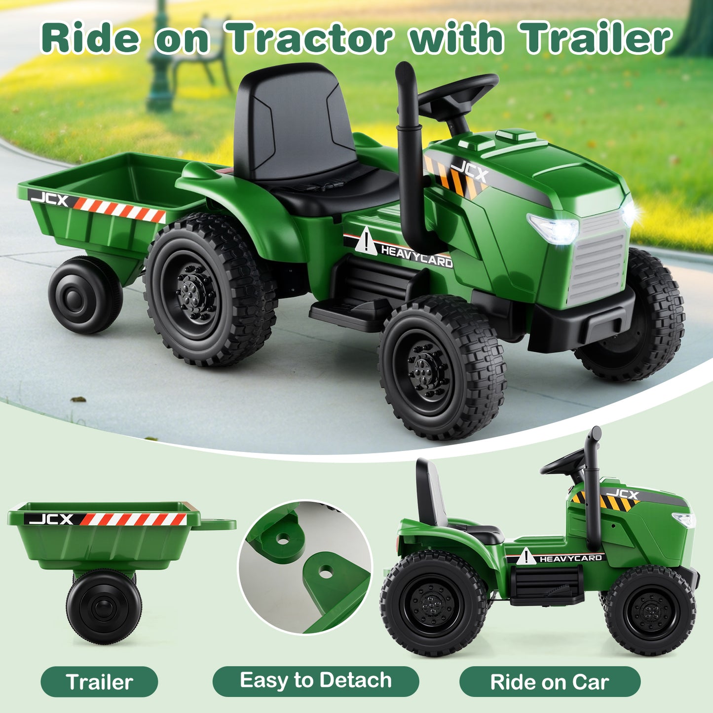 12V 2-in-1 Kids Ride On Tractor with Trailer and 3-Gear Shift-Grayish Green