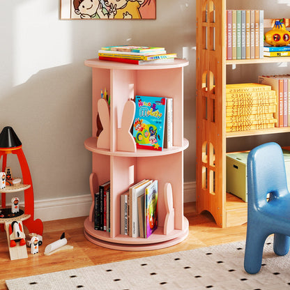 2 Tier Freestanding Kids Rotating Bookshelf Storage Rack with Bunny Baffles-Pink