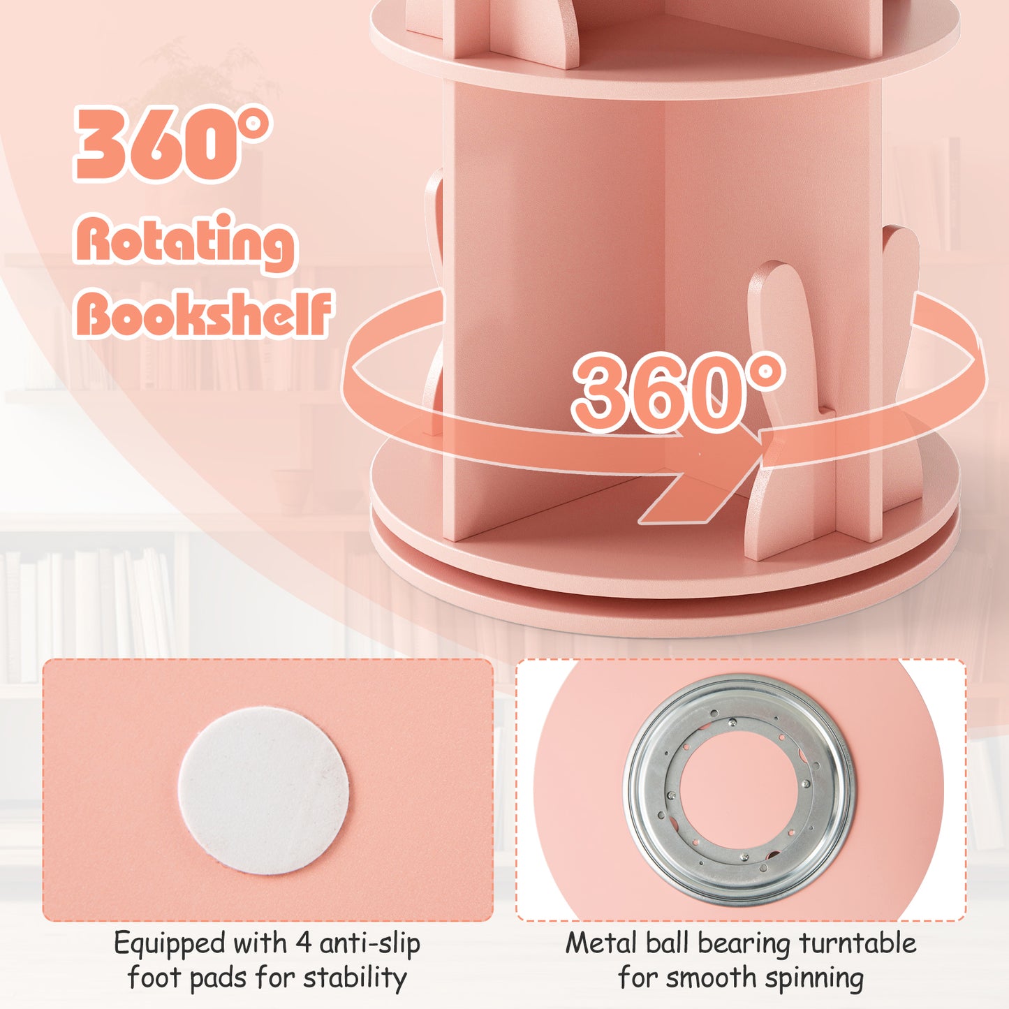 2 Tier Freestanding Kids Rotating Bookshelf Storage Rack with Bunny Baffles-Pink