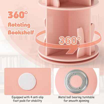 2 Tier Freestanding Kids Rotating Bookshelf Storage Rack with Bunny Baffles-Pink