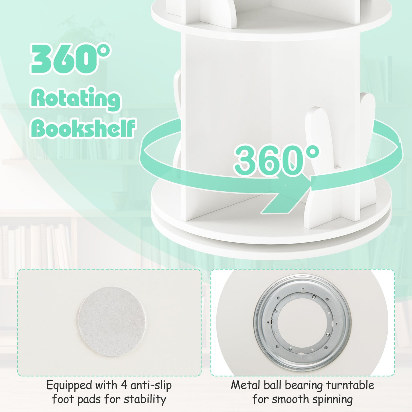 2 Tier Freestanding Kids Rotating Bookshelf Storage Rack with Bunny Baffles-White