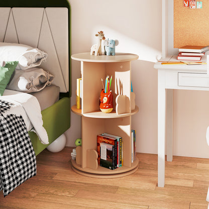 2 Tier Freestanding Kids Rotating Bookshelf Storage Rack with Bear Baffles-Natural